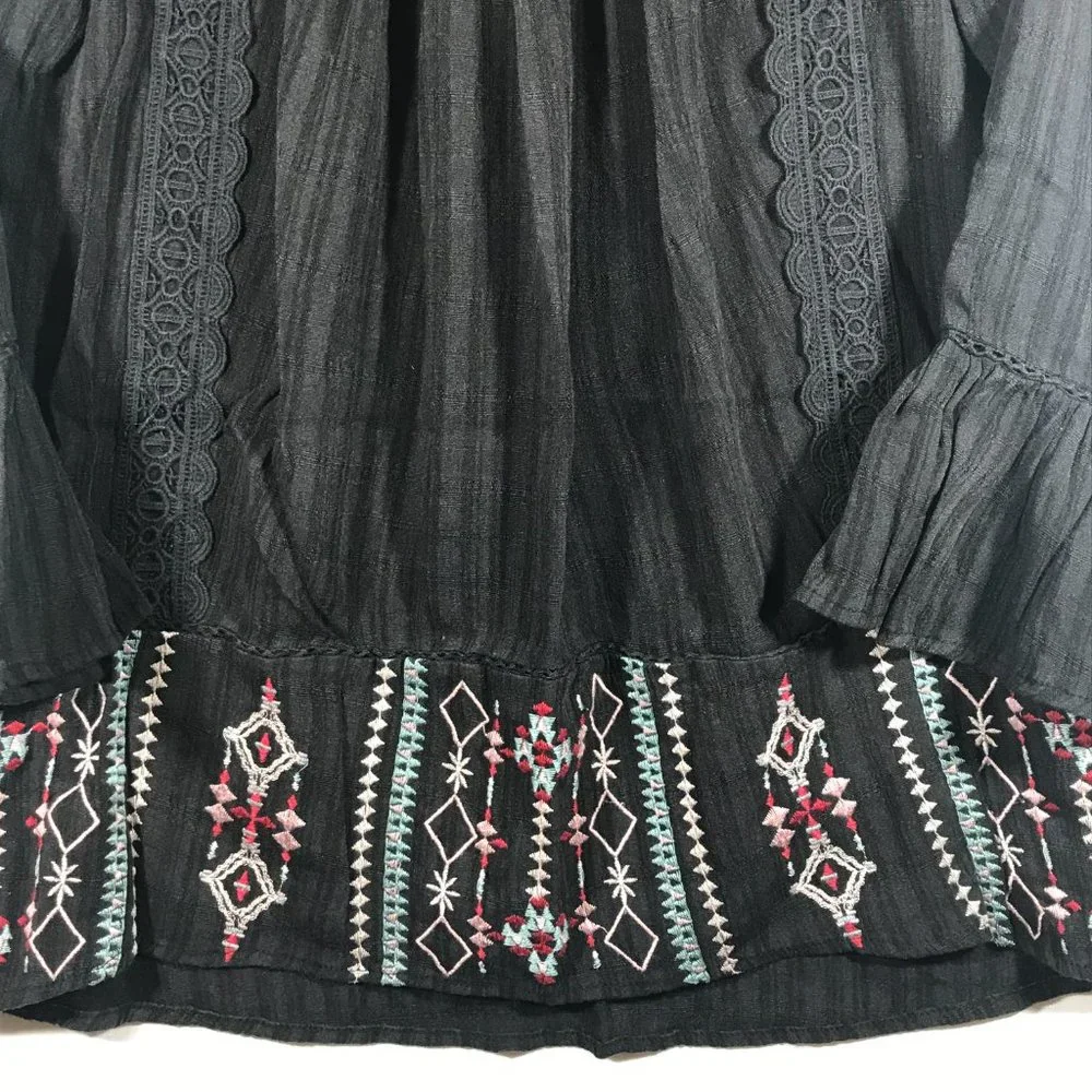 Knox Rose Women's Small Black Embroidered 3/4 Bell Long Sleeve Blouse - Picture 10 of 12